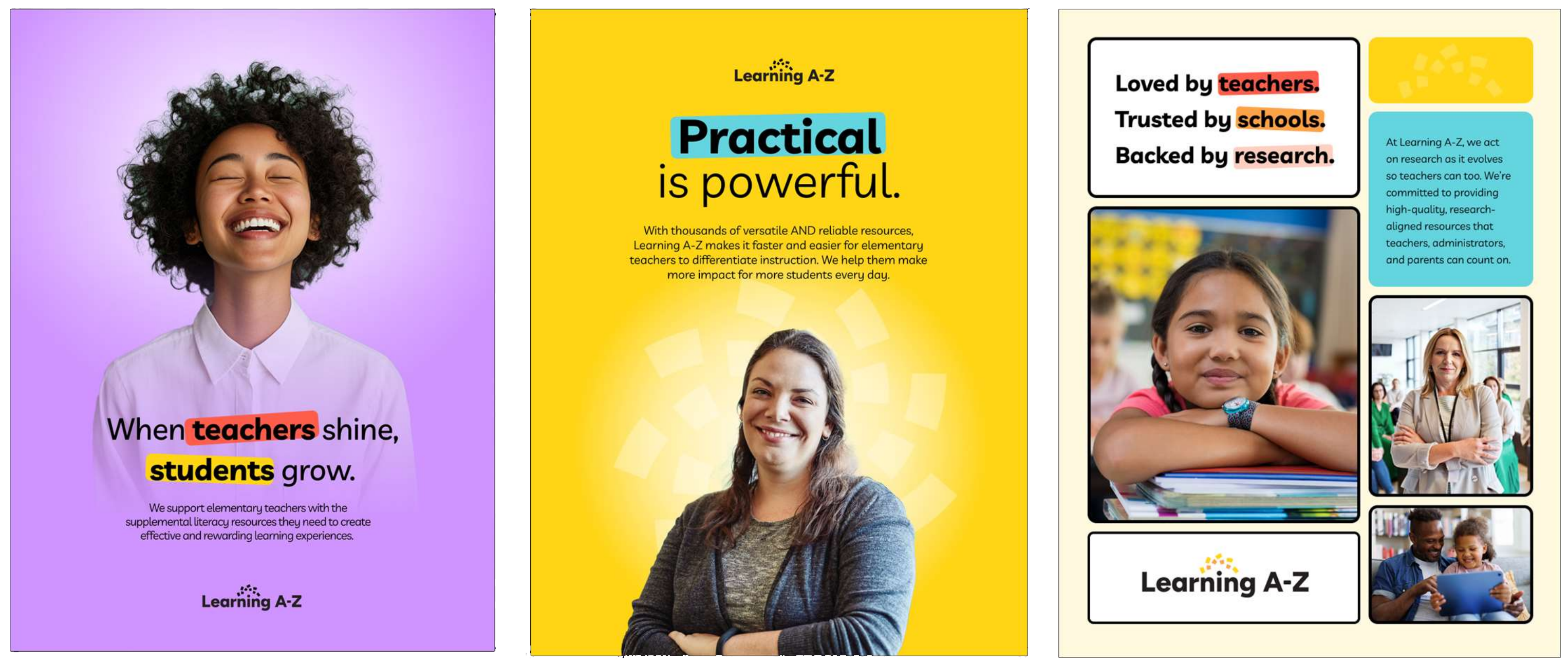 Learning A-Z example collateral — poster and testimonial mockups