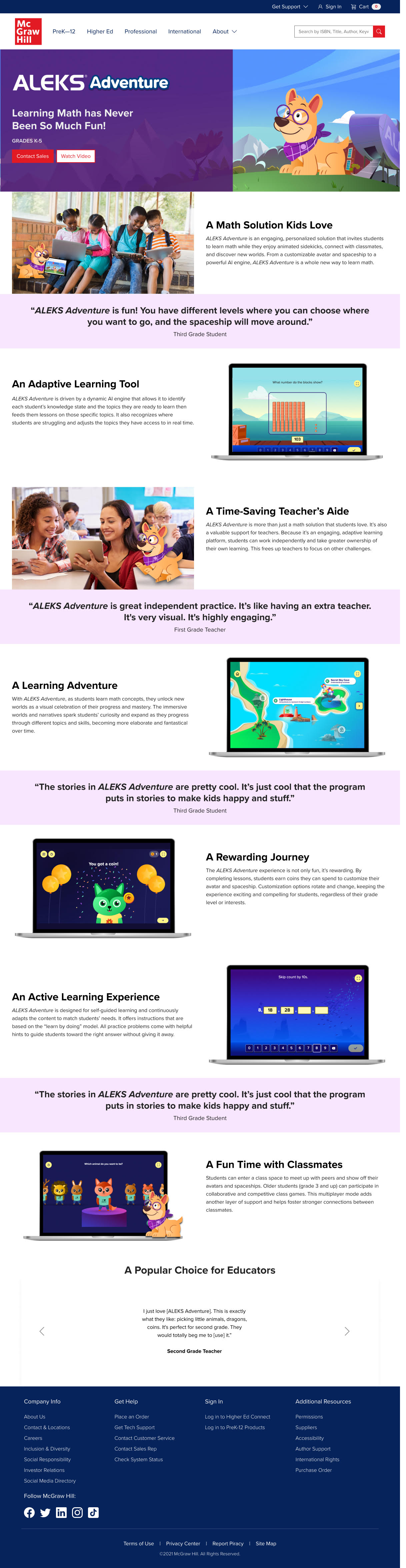 ALEKS Adventure website homepage